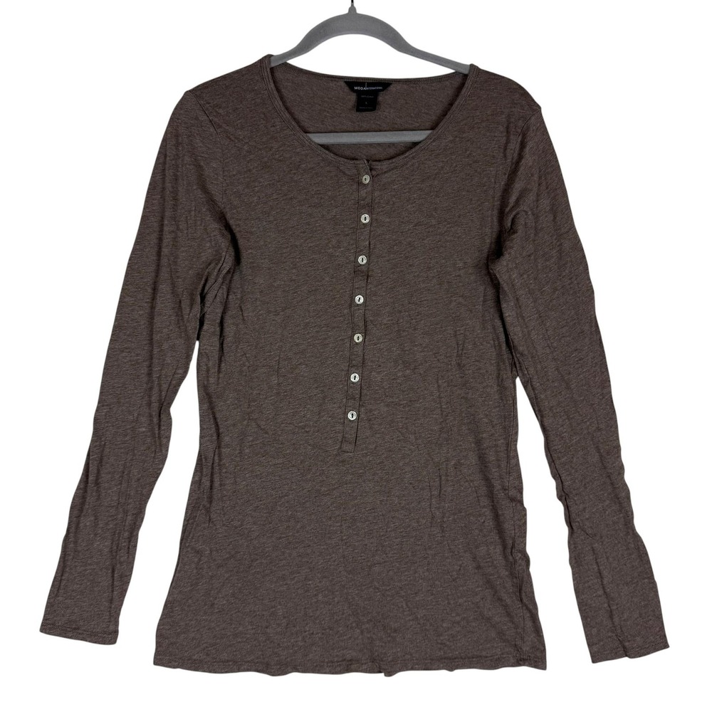 MODA International Shirt Womens Large Brown Henley Long Sleeve Peru Cotton
